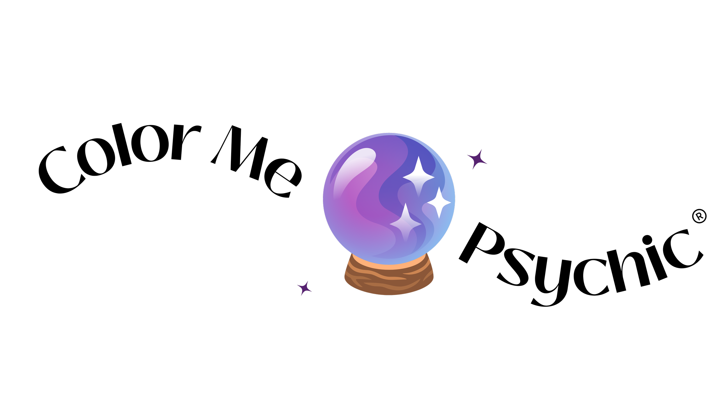 Illustration of a crystal ball emitting a purple glow with sparkles inside, sitting on a wooden stand, with the words Color Me Psychic around it.