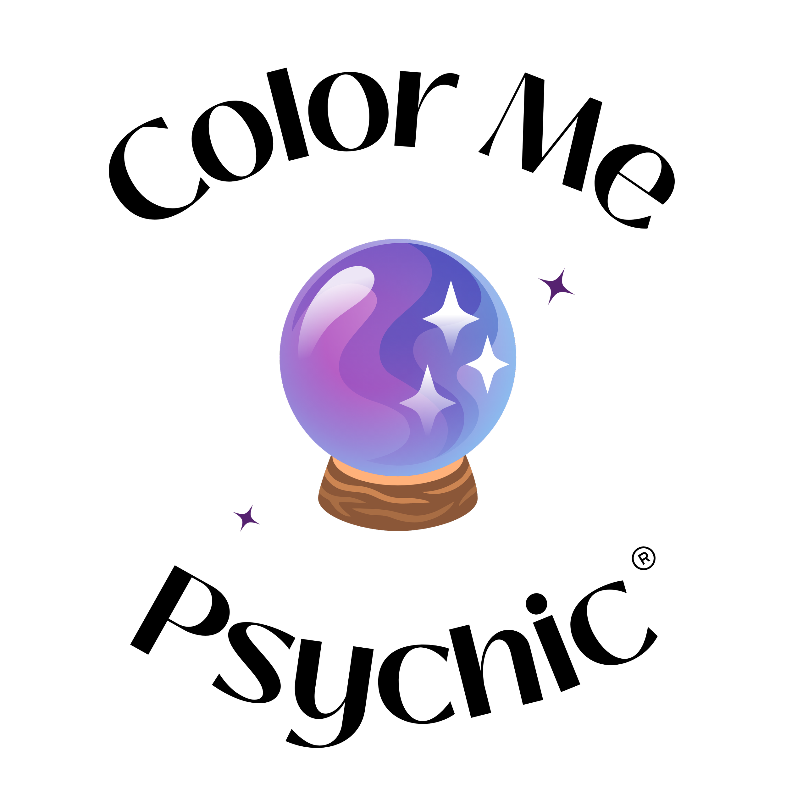 Illustration of a crystal ball emitting a purple glow with sparkles inside, sitting on a wooden stand, with the words Color Me Psychic around it.