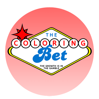 Logo for the Coloring Bet with the subtitle 'The growth is in the gamble,' featuring a red starburst, a diamond-shaped border, and colorful text on a pink circular background.