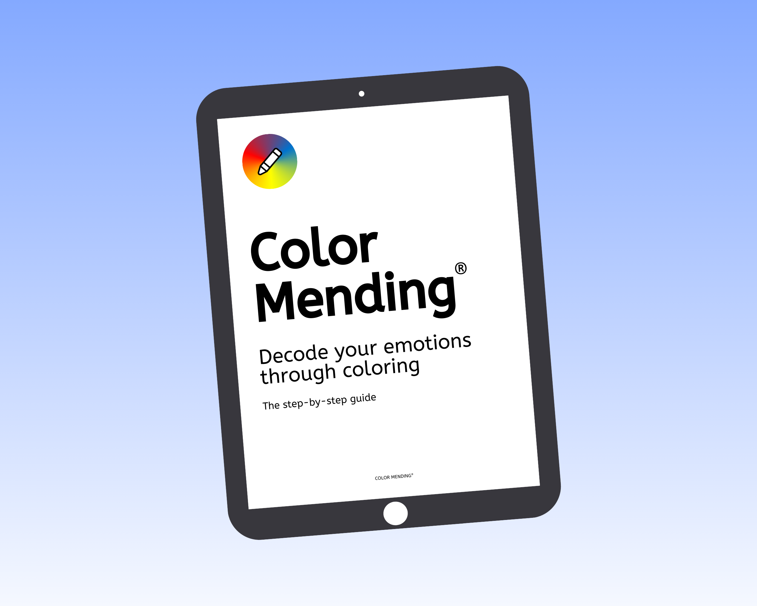 Digital illustration of a tablet displaying a cover of a book titled 'Color Mending: Decode your emotions through coloring' against a blue gradient background.