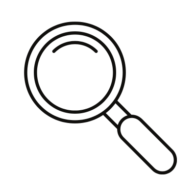 A black and white outline of a magnifying glass.