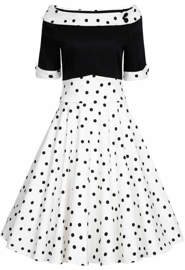 knee length dresses for ladies CODO Vintage Refashioned Cotton Polka Dot A-Line Dress Black White main image 1