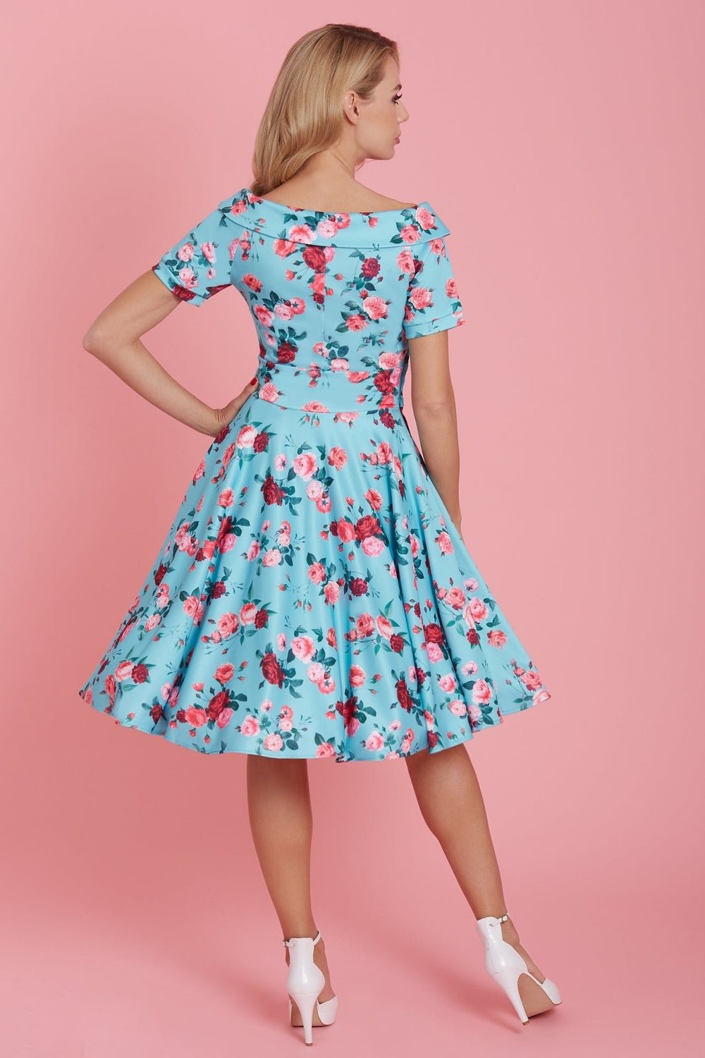 off the shoulder 50s style dresses 50s Style Off The Shoulder Tea Length Full Skirt Rockabilly Wedding Dress