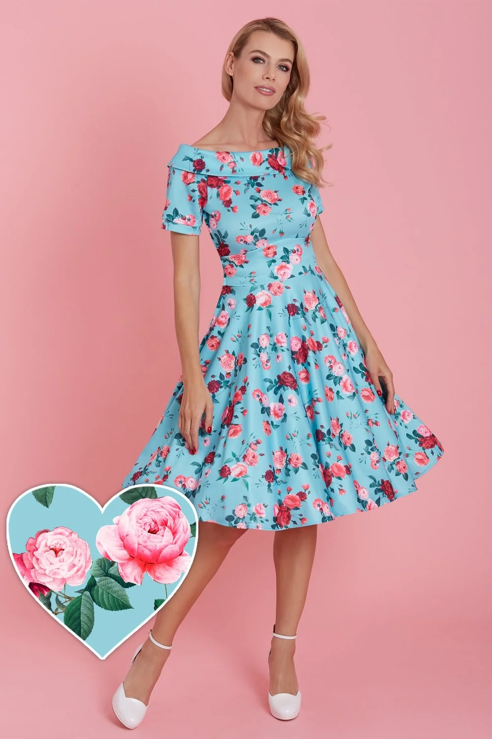 Dolly & Dotty Darlene 50s Style Rose Floral Off Shoulder Swing Dress