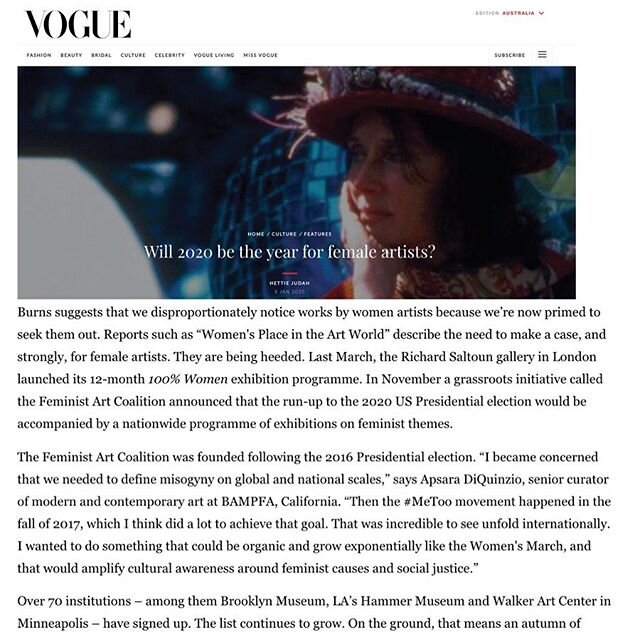 A trend report...but make it art! We think every year is the year for female artists, but we&rsquo;re making 2020 a year for elevating work informed by feminisms 💪Thanks to @voguemagazine for giving #feministartcoalition a shout out!