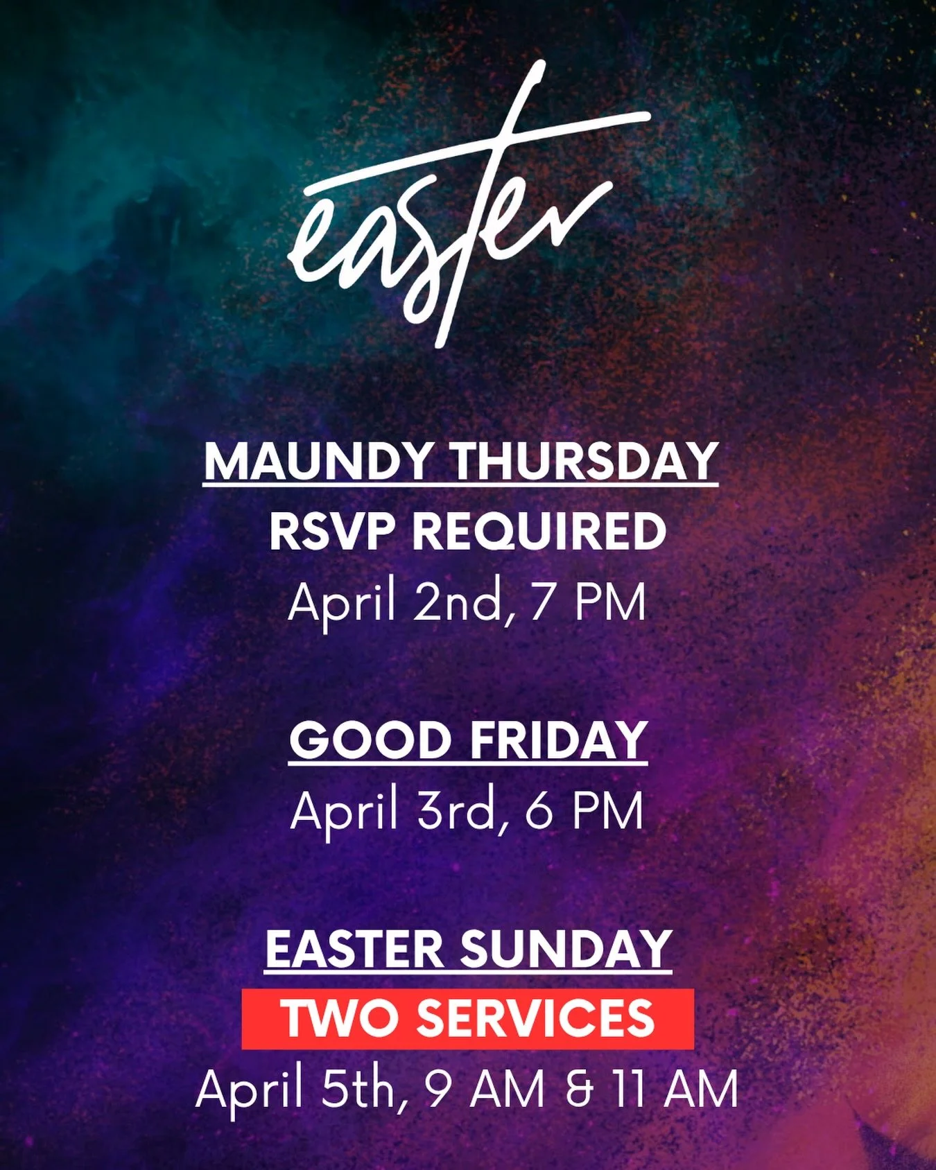 Our schedule for Holy Week! For more info go to vbc.online/easter