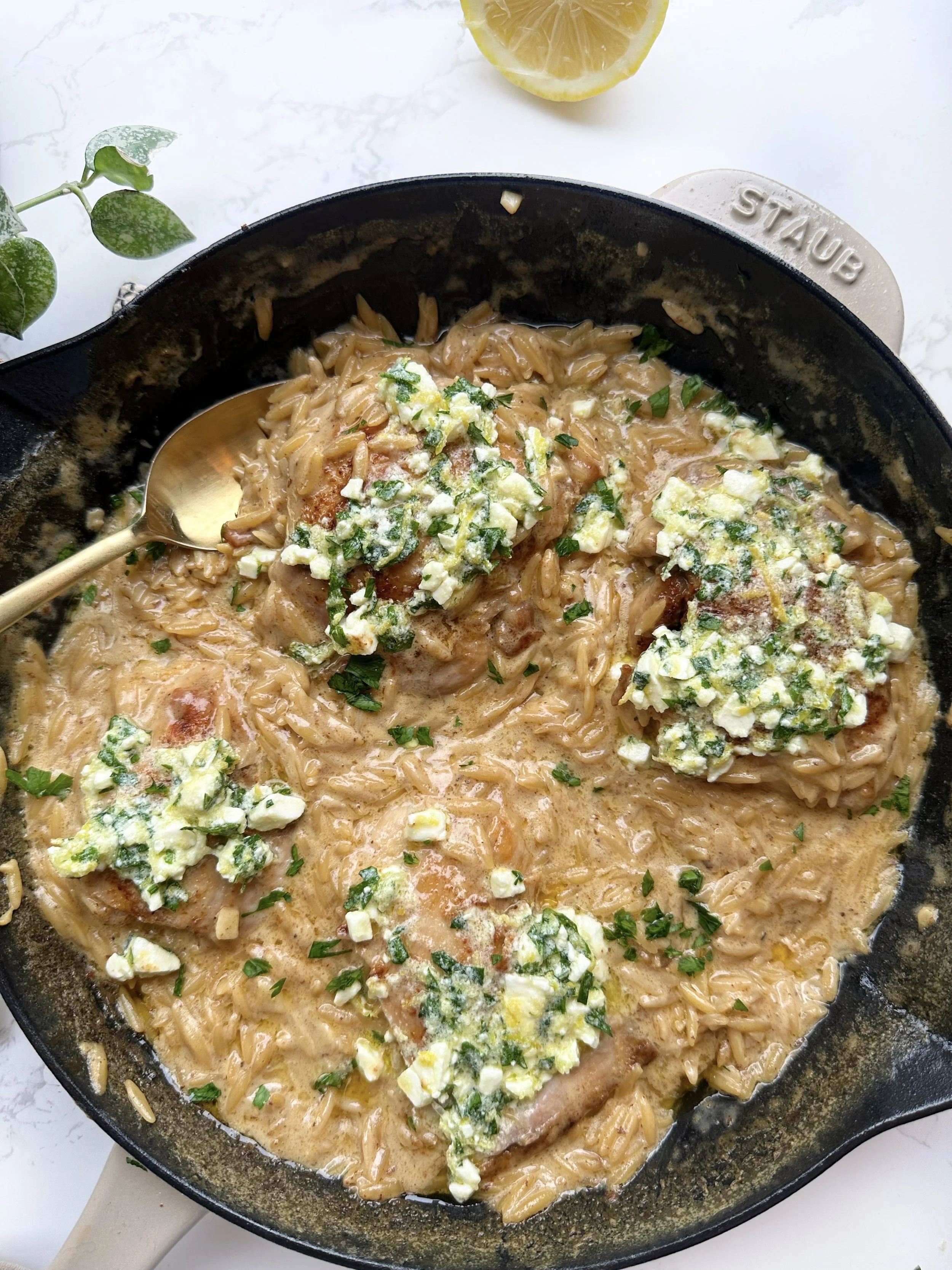 Creamy Orzo and Chicken Thighs with Lemon Feta Gremolata — Sammi Brondo 