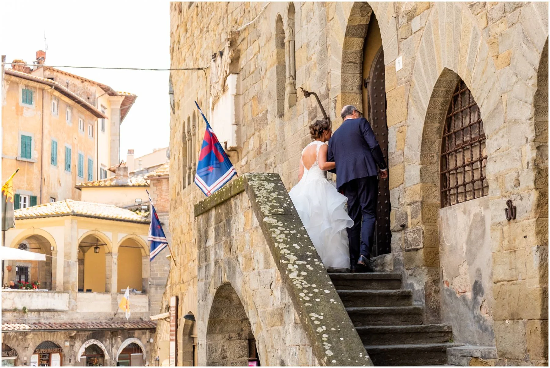 Cortona is a beautiful setting for getting married like this bride who was about to enter the church doors to walk down the aisle to meet her groom. It’s also an amazing place to have your honeymoon!