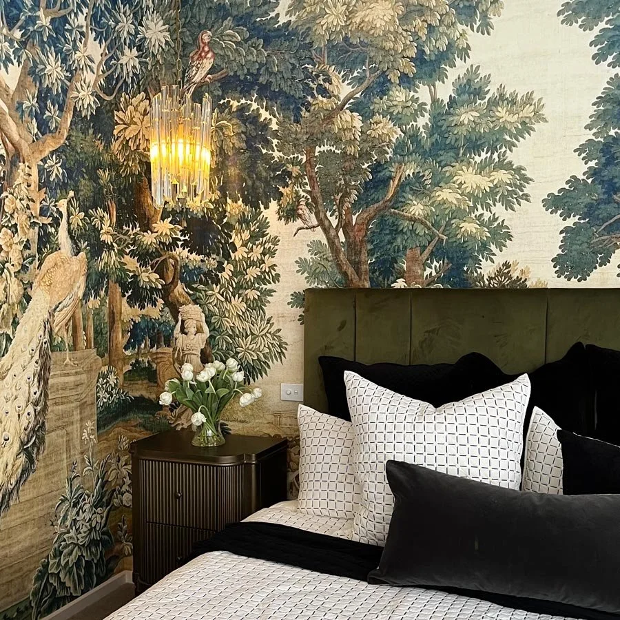 wallaper behaing green velvet bedhead from melbourne interior designer near me