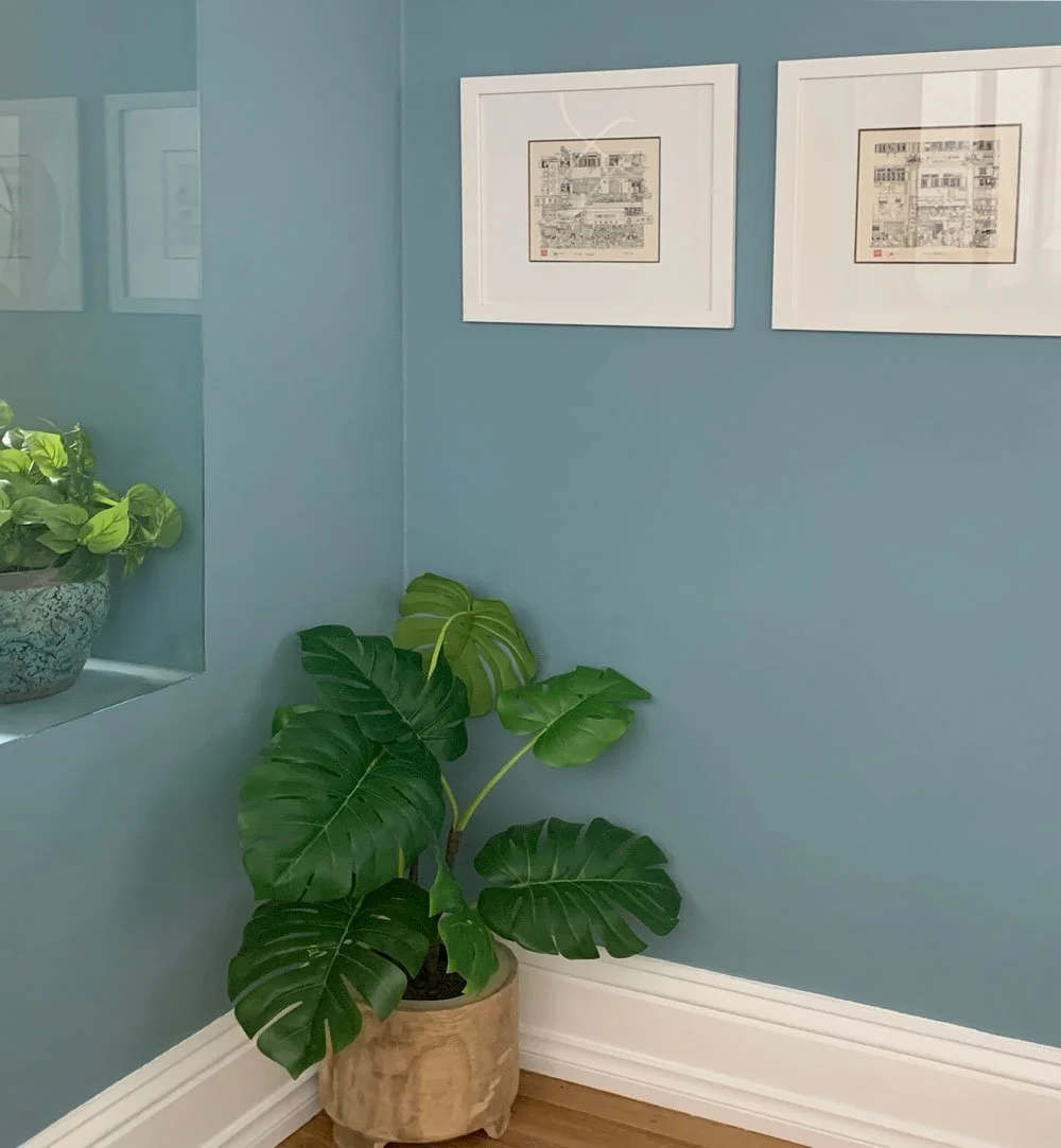 Proof that a single colour can change everything. 

This soft blue brings calm, clarity and just the right amount of personality.  The perfect backdrop for our client's artwork.

When you choose the right hue, even a simple corner becomes a beautiful