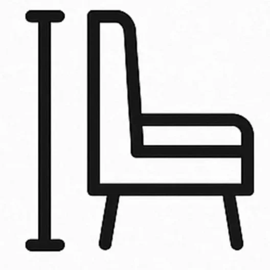 A black and white outline drawing of an armchair and a floor lamp.