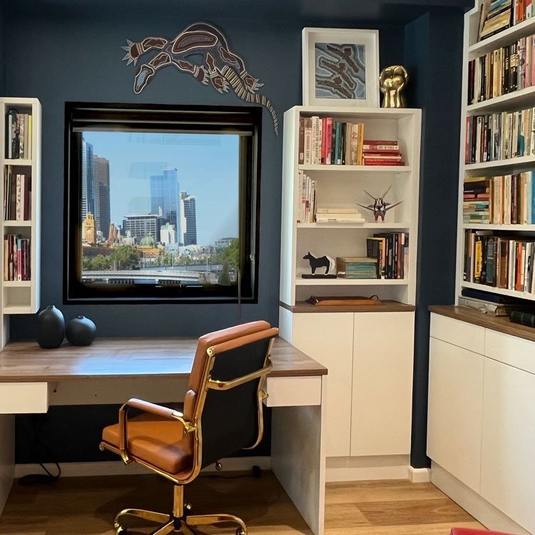 Home office desk in an apartment with custom joinery designed by Hue and Space Interior Design