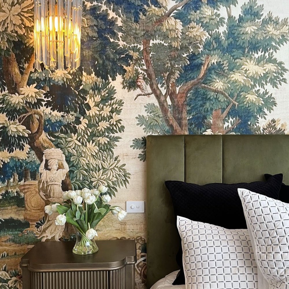 King size bed with Olive velvet bedhead in front of peacock wallpaper installed by Hue and Space Interior Design