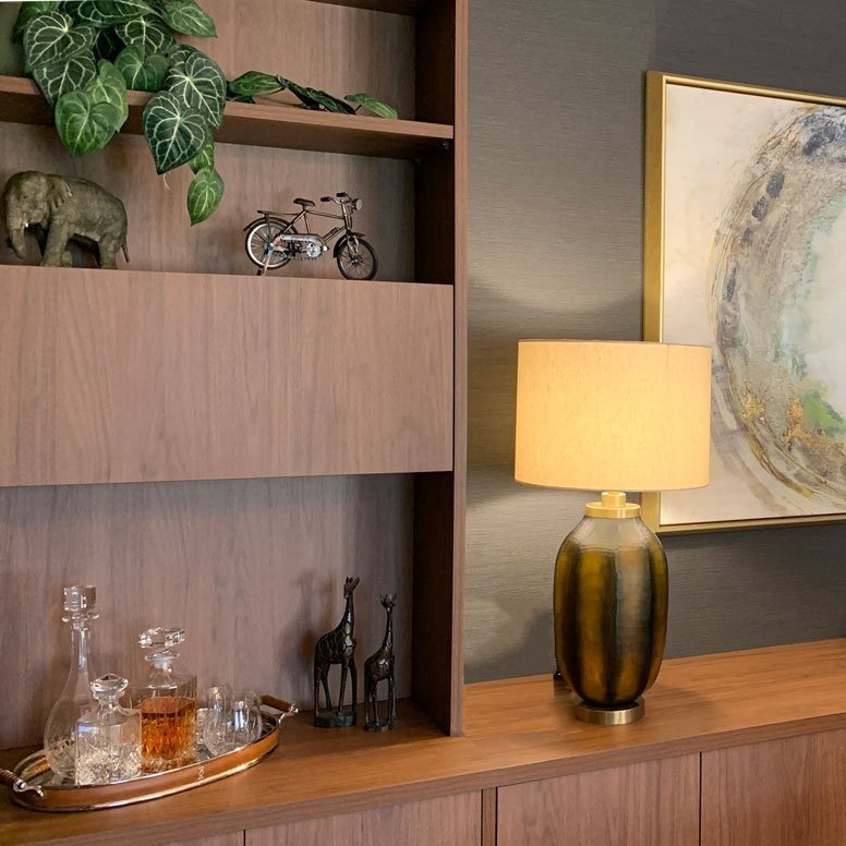 Bar tray and horizontal opening cabinet doors, custom walnut cabinets designed by Hue and Space Interior Design