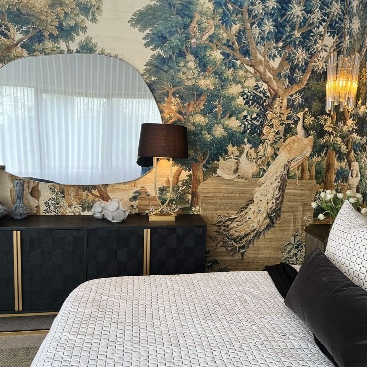 Primary bedroom decorated in Natty and Polly wallpaper installed by Hue and Space Interior Design
