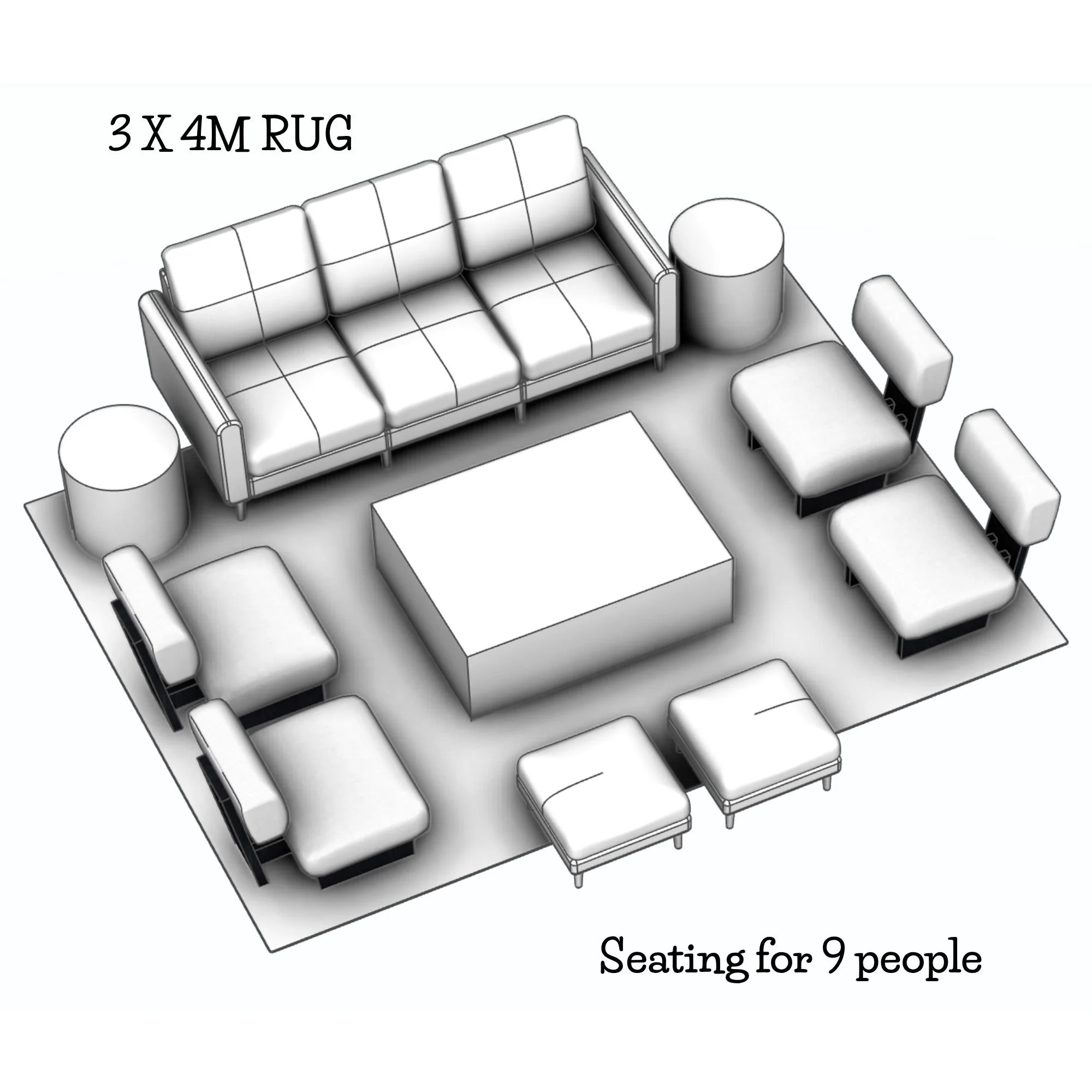 Seating layout for 9 people with smaller scale furniture