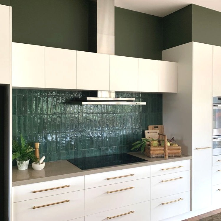Handmade green subway tile as splashback in kitchen makeover by Hue and Space Interior Design