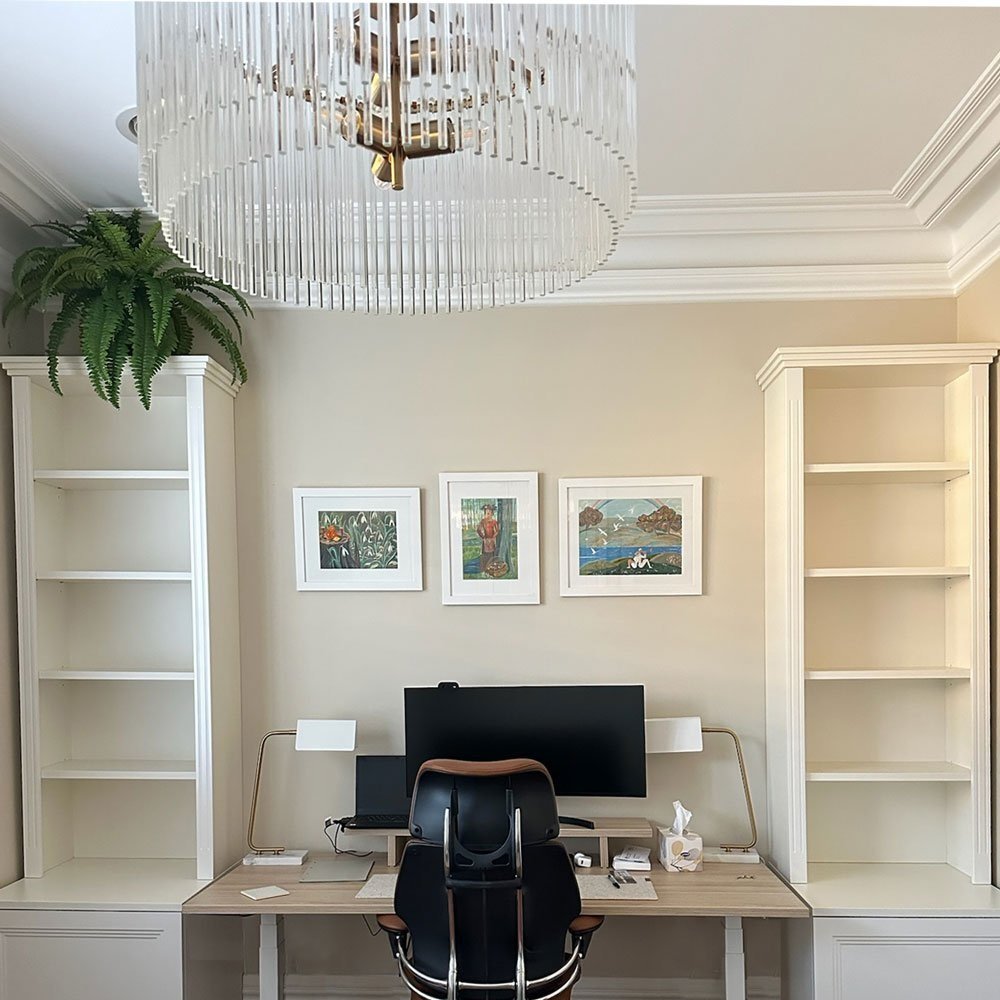 Crystal glass pendant light custom joinery and home office standing desk designed by Hue and Space Interior Design