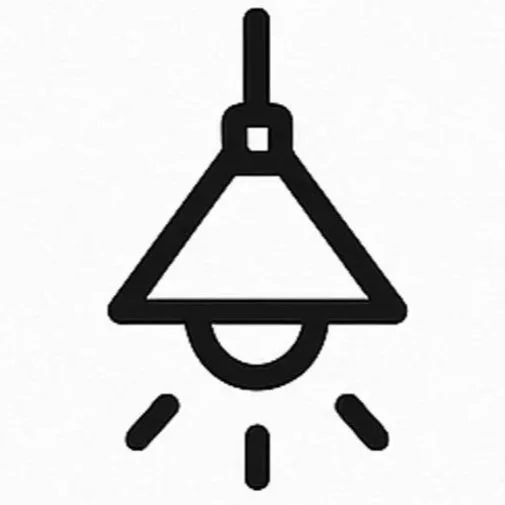 Simple black and white icon of a hanging light bulb or lamp.