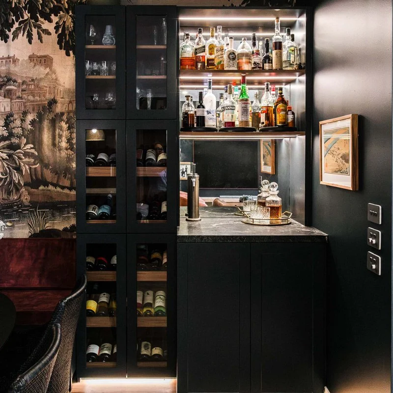 Dark Navy Bar built next to dining nook