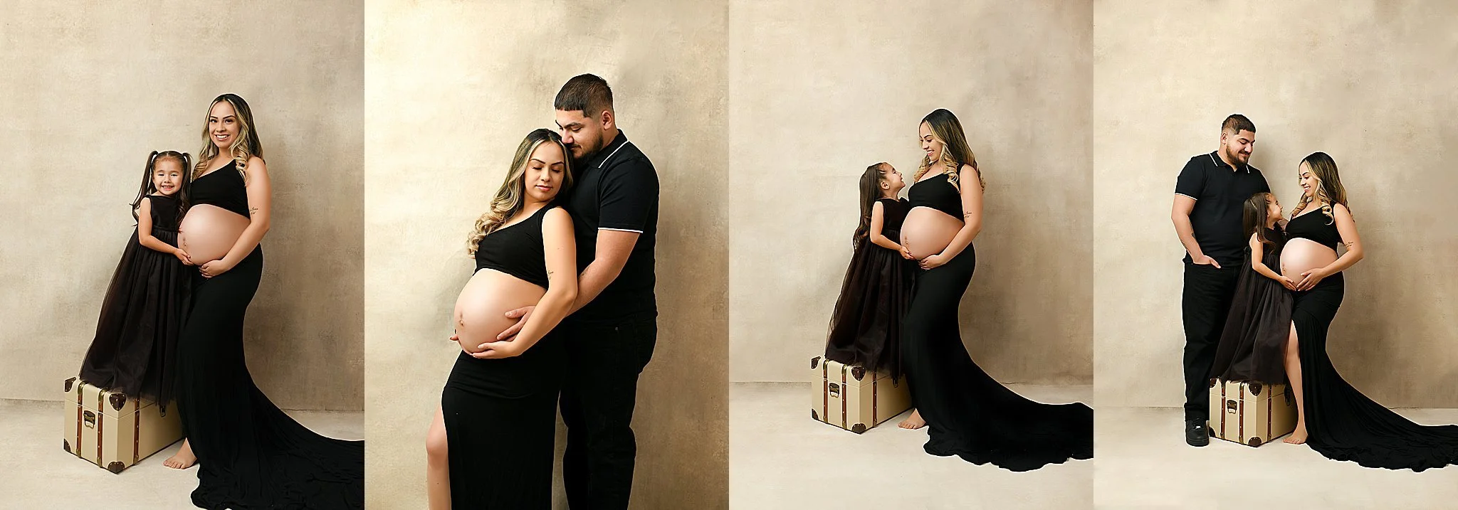 A family of three during their maternity session in the Quad Cities studio embracing mom's belly