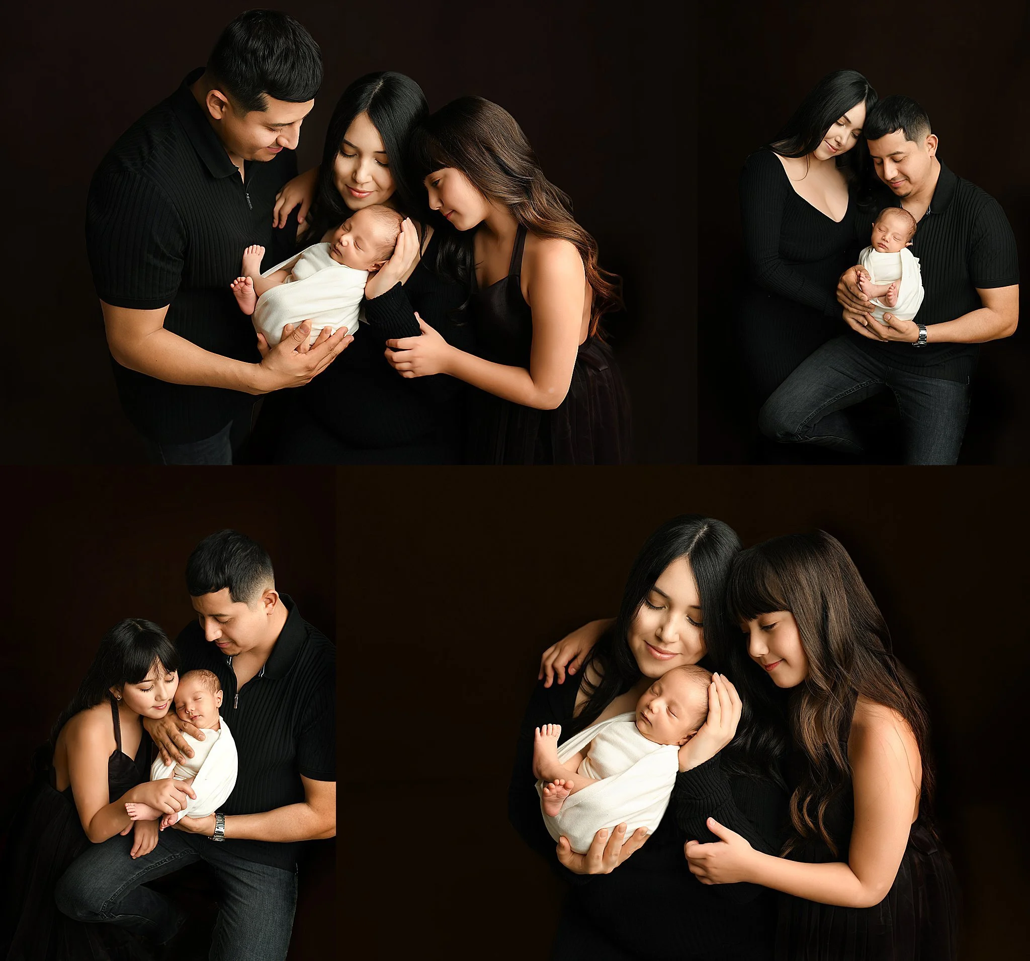 Series of family photos where mom, daughter, dad, and newborn baby are hugging and embracing each other.