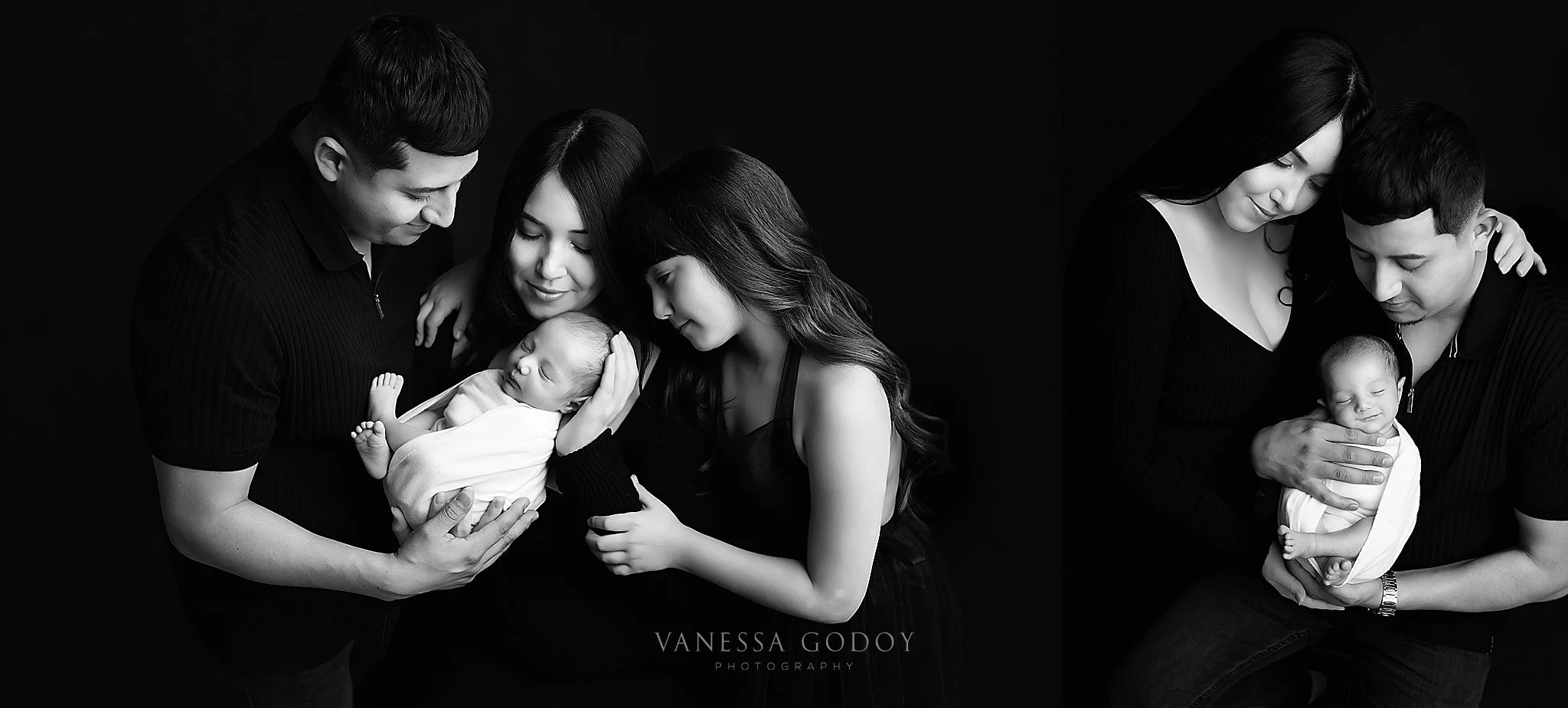 Family holding their baby during their newborn session looking down at baby and hugging