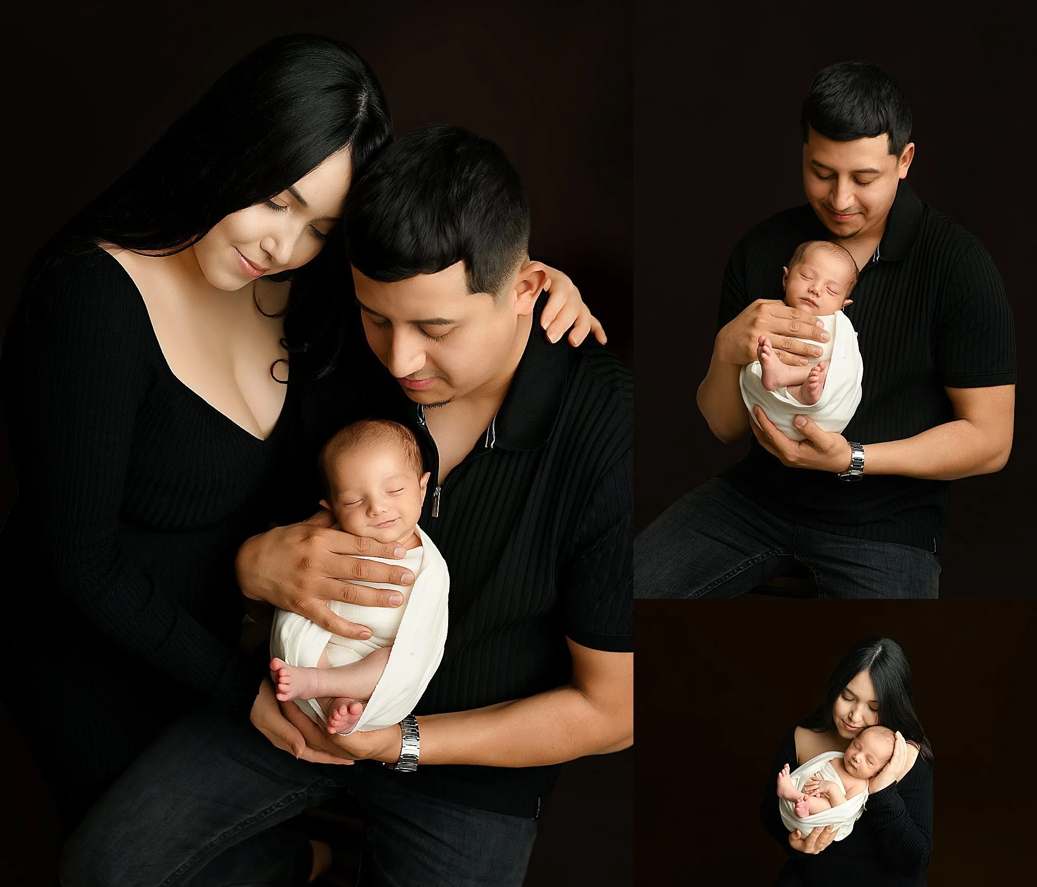 Mom and dad wearing black with their newborn baby swaddled and smiling