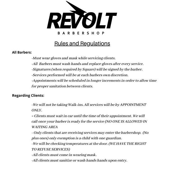 Dear Shop Family, After giving it much thought and consideration we&rsquo;ve decided that we will re-open @revoltbarbershop on Tuesday, April 12th, considering that we can all follow the provided guidelines above.  We will be taking every precaution 