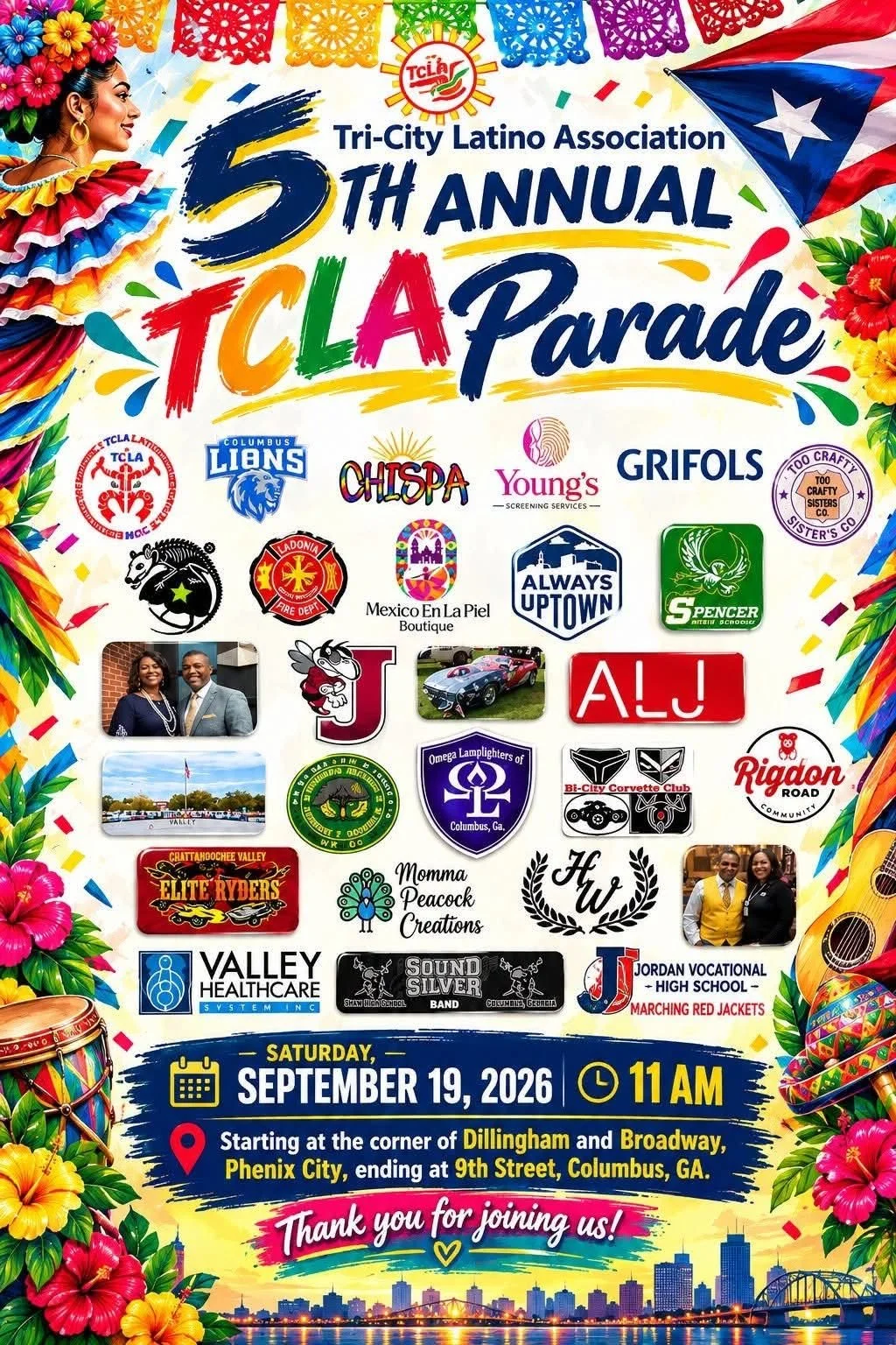 Poster for the 5th Annual TCLA Parade organized by the Tri-City Latino Association, scheduled for September 19, 2026, at 11 AM, starting at the corner of Dillingham and Broadway, and ending at 9th Street, Columbus, GA. The poster features colorful decorations, including flowers, flags, and logos of various sponsors and community organizations, along with images of people, a car, and musical instruments, celebrating Latino culture and community.
