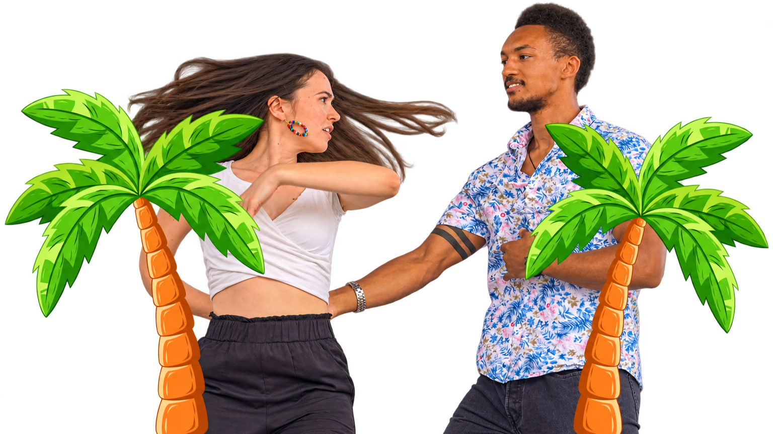 A woman and a man engaging in a scene with illustrated palm trees overlaid, with the woman appears angry and the man has a confident expression.
