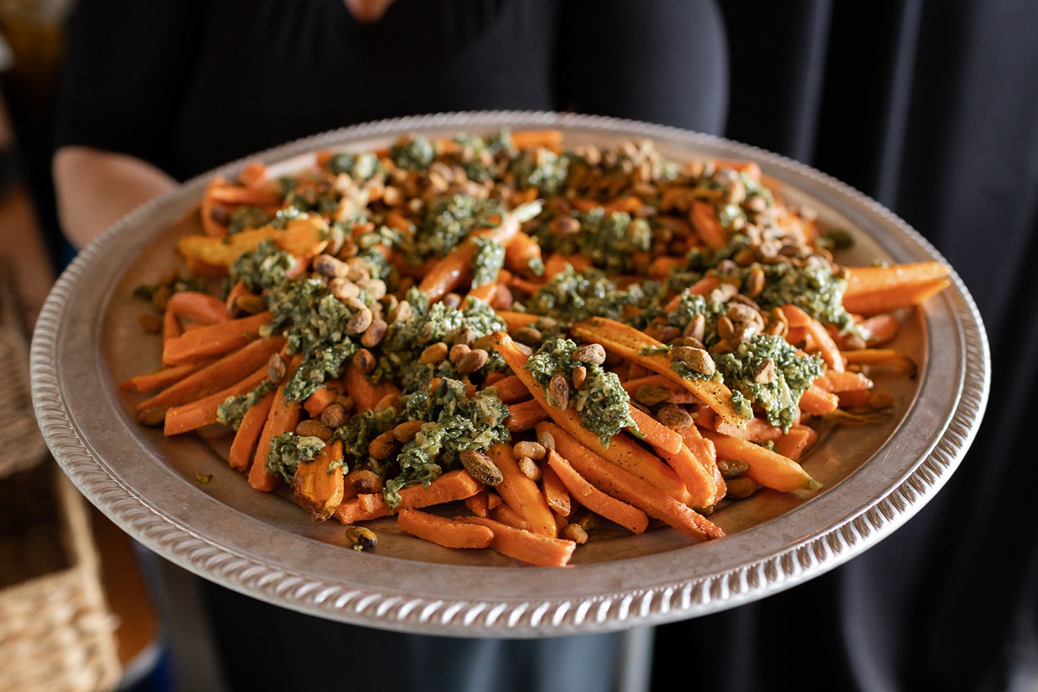 roasted carrots with pesto topping for vegetarian option at wedding 