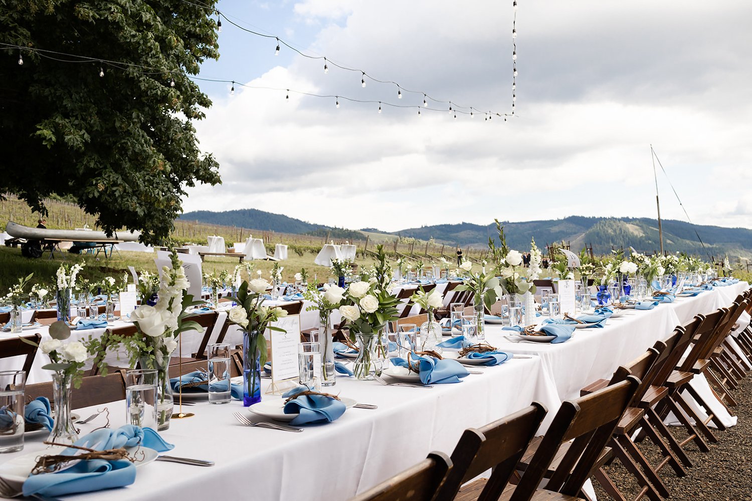 long table with blue and white rose theme at outdoor wedding venue in oregon