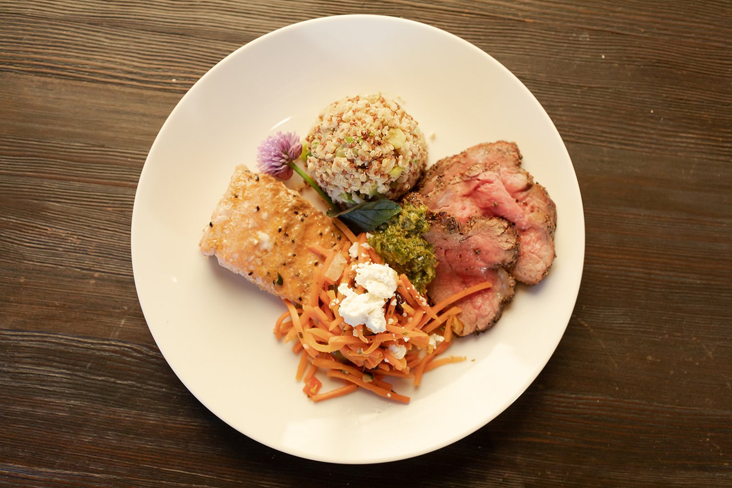 surf and turf wedding dinner plate with wild rice and vegetable