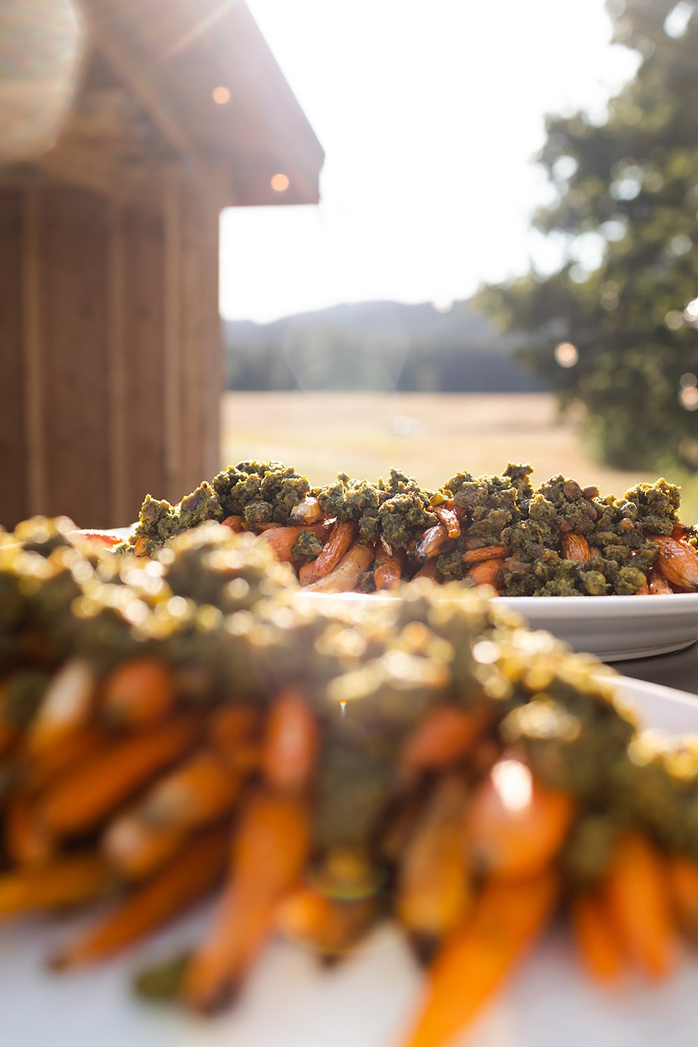 platters of roasted carrots with pesto displayed at farm style outdoor wedding