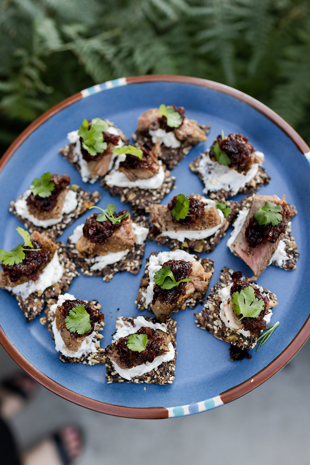 multigrain cracker with goat cheese and jam hors d'oeuvres