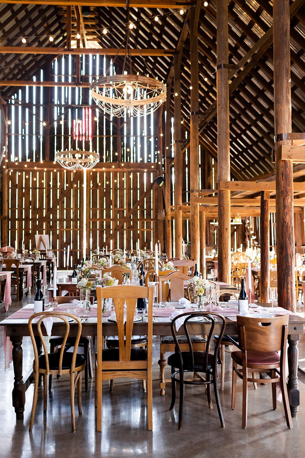 rustic barn wedding with chandeliers  in oregon