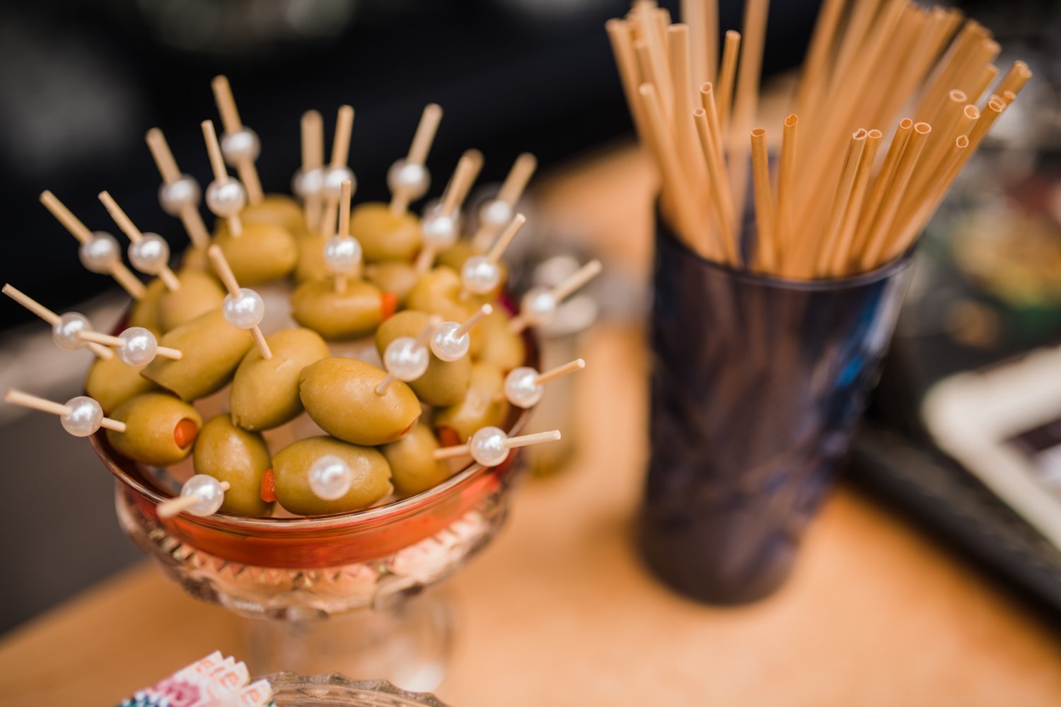 olives for craft cocktails displayed at bar during wedding in portland oregon