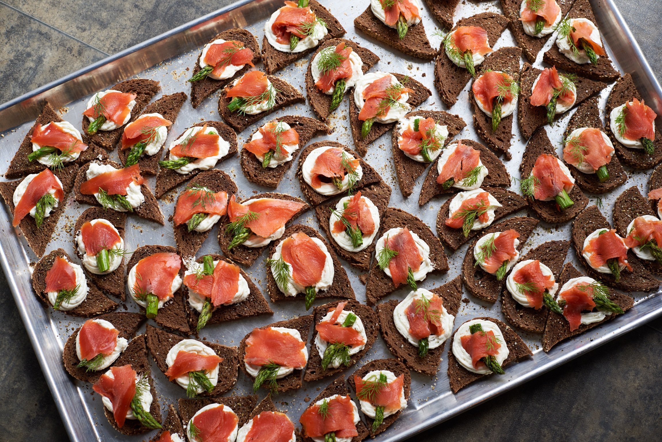 smoked salmon and cream cheese served on sliced baguette as hors d'oeuvres at wedding