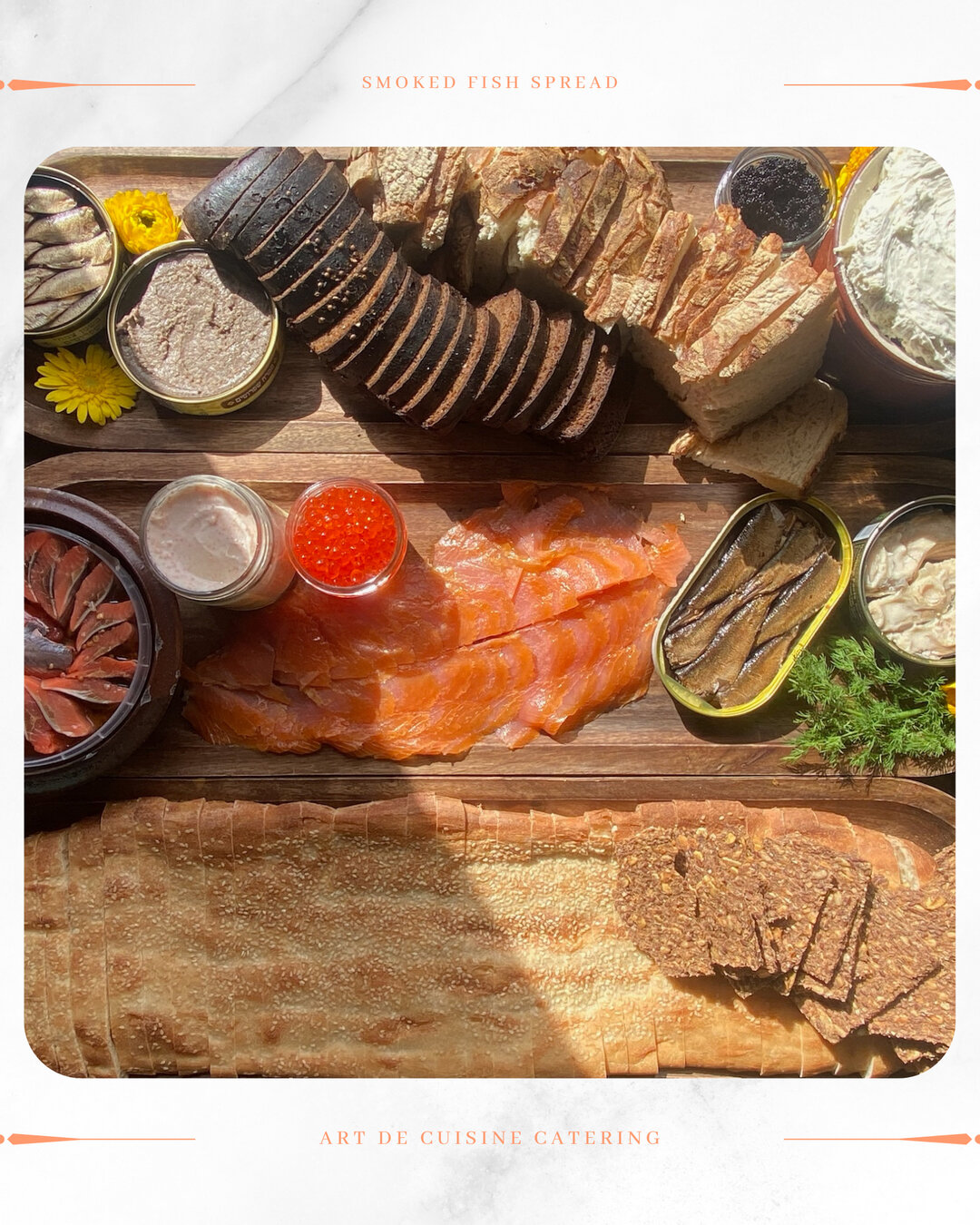 Celebrate the goodness of mother earth with this delicious Smoked Fish, Caviar &amp; Roe Board, paired with sustainable rye crackers and an herb cheese spread. 🌍 ​​​​​​​​​
Featuring responsibly sourced ingredients, this board highlights our commitme