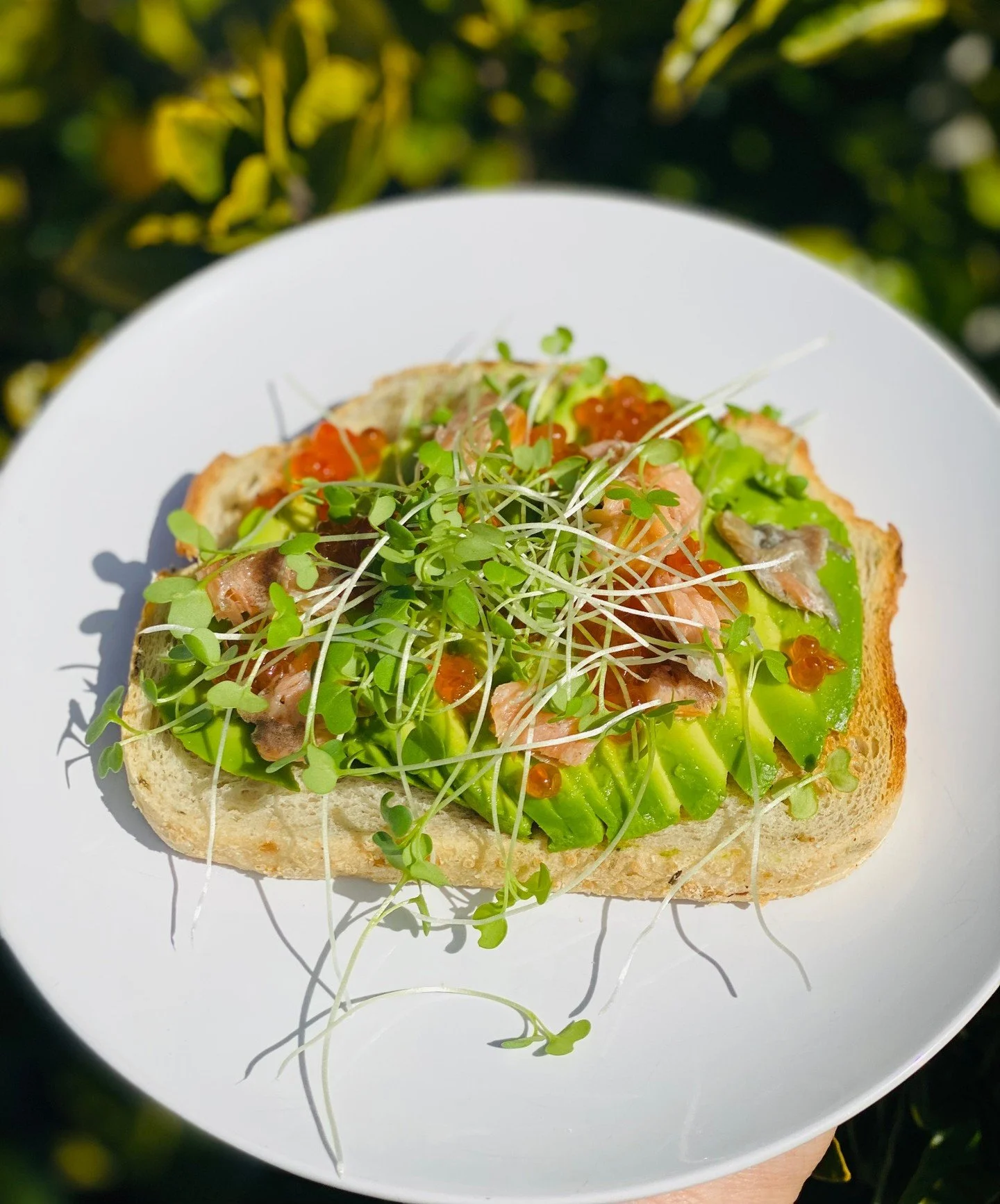 Avocado, smoked wild salmon, salmon roe, and a handful of @PortlandMicroGreens on rosemary toast. The perfect breakfast bite for a fresh start. 🥑 #avocadotoast #portlandcaterer