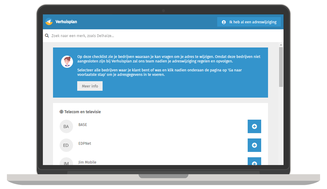 Een schermafbeelding van de verhuisplan applicatie. Op deze schermafbeelding zie je hoe je als verhuizer bedrijven kunt selecteren waarnaar je je adreswijziging kan doorsturen.