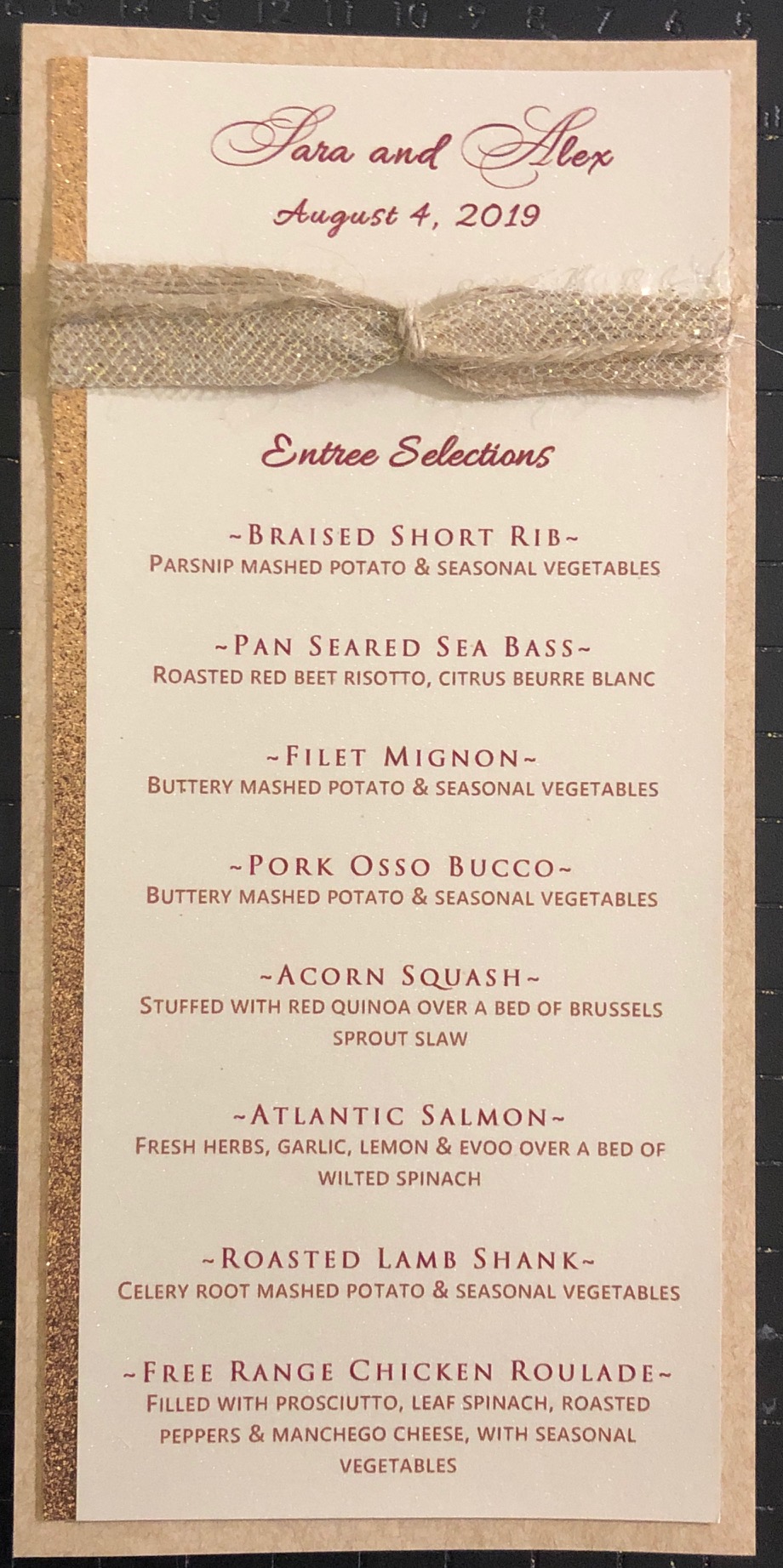 Printed Menu, Place Cards, and Table Numbers Package