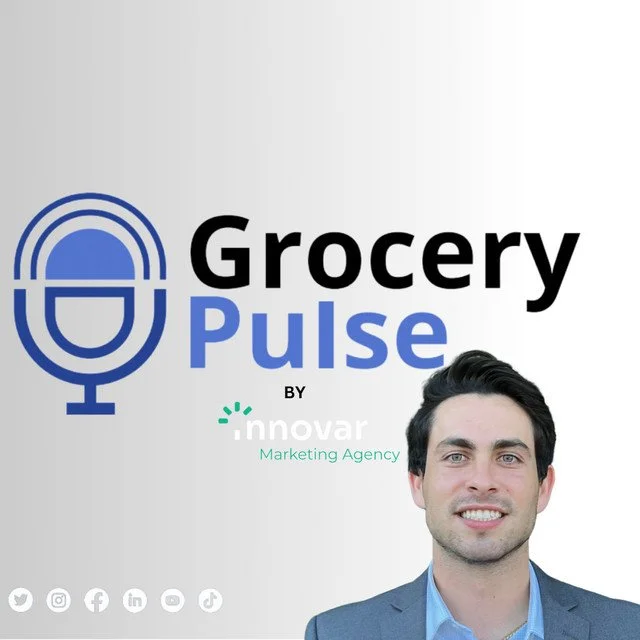 Grocery Pulse by Innovar Marketing Agency logo with a smiling man in a suit in front of a white background.