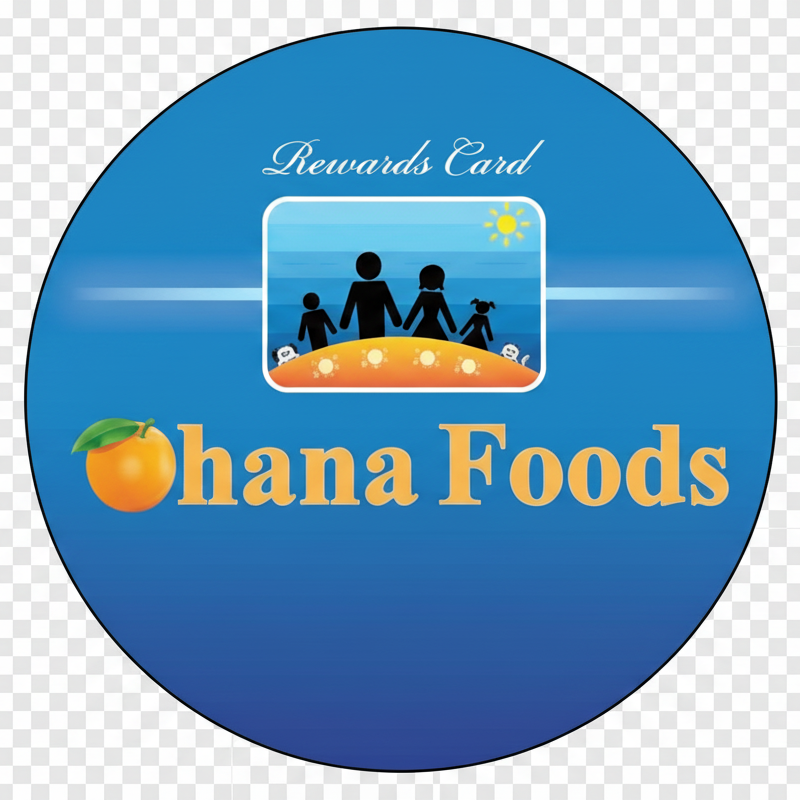 A blue circle rewards card for Ohana Foods with an illustration of a family holding hands on a beach with the sun overhead, the brand name with an orange graphic, and the text "Rewards Card".