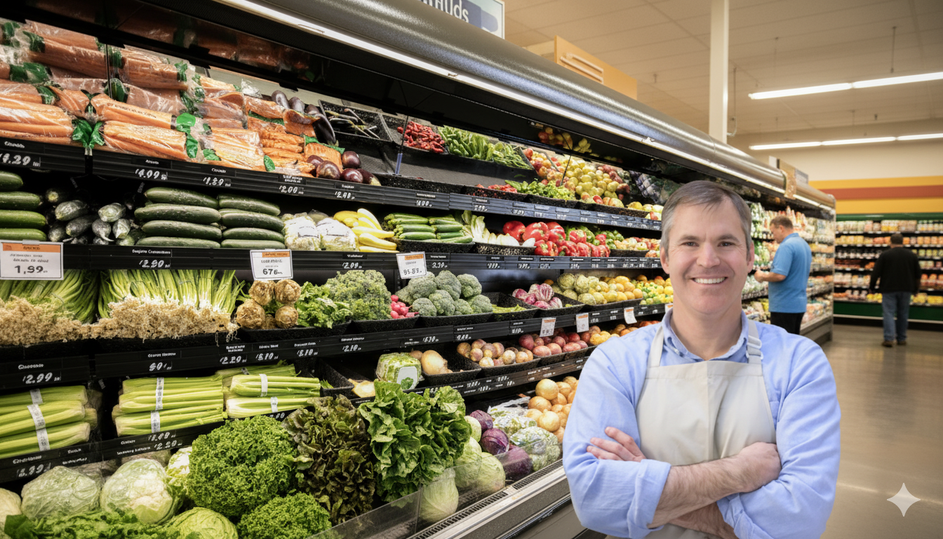 Smiling man in a grocery store aisle with fresh vegetables, wearing a white apron over a light blue shirt, with other shoppers in the background.