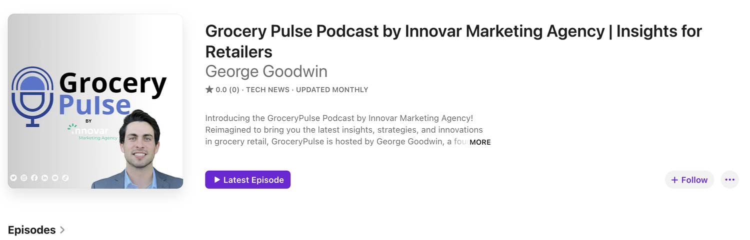 Podcast cover art for Grocery Pulse, featuring a logo with a blue microphone and the words 'Grocery Pulse' in black and blue, a photo of a smiling man in a blue suit, and small social media icons at the bottom left.