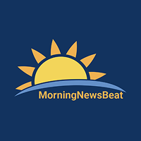 Sunrise with a yellow sun, blue sky, and a blue wave, with the text 'MorningNewsBeat' in yellow.