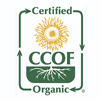 Certified organic sunflower with roots, CCOF logo, and green border.