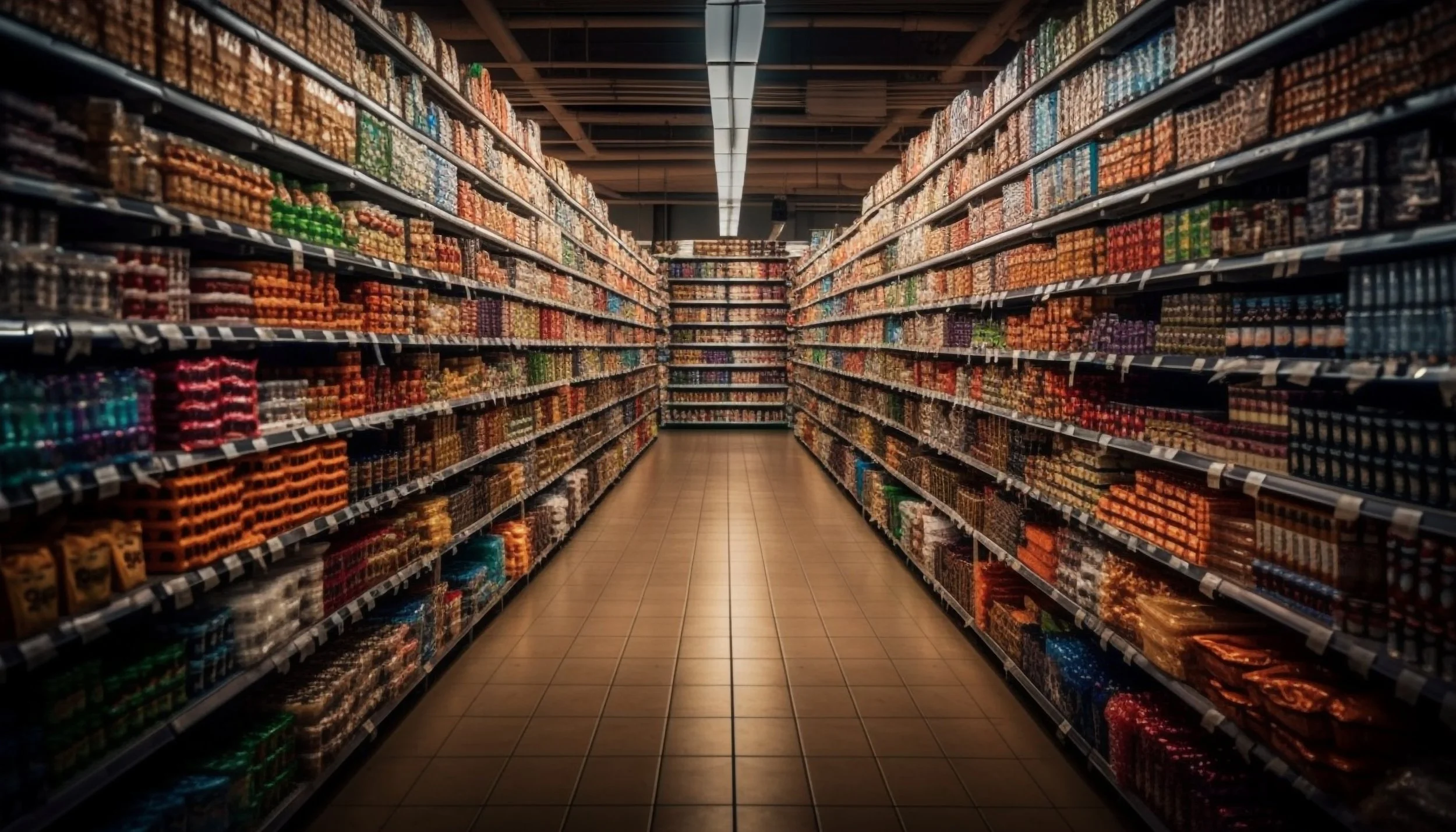 Aisle in a supermarket with shelves filled with various colorful boxes and packages.